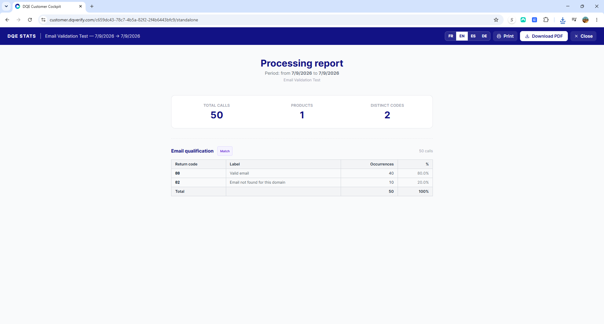 PDF report viewer showing processing report with language toggle buttons (FR, EN, ES, DE)