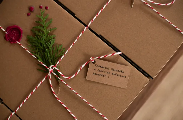 Shipping boxes tied with red and white twine and a sprig of pine
