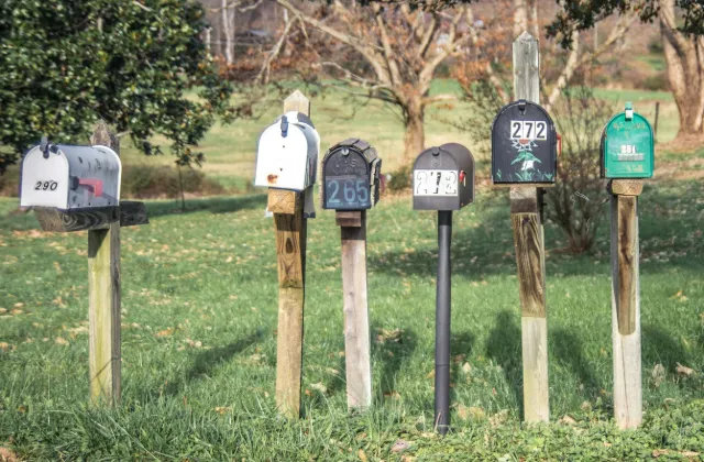 Row of curbside mailboxes with house numbers along a country road